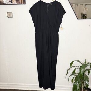 New Halogen Faux Wrap Black Short Sleeve V-Neck Jumpsuit Women's XL‎ Pockets